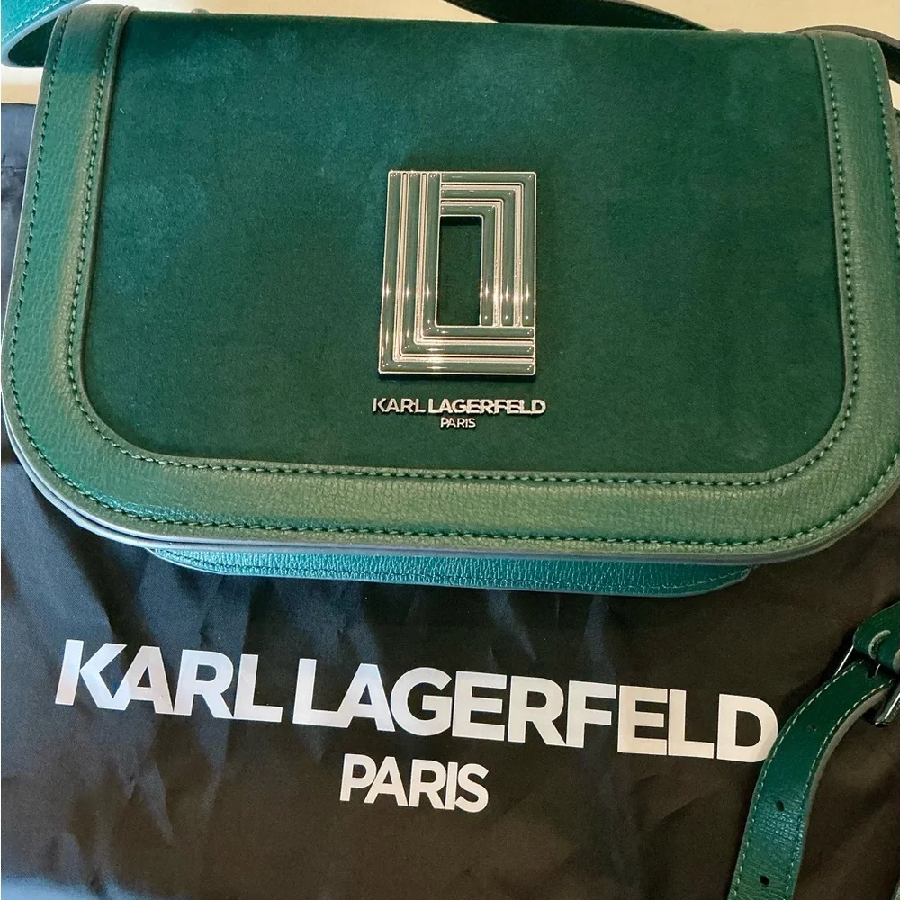 Karl Lagerfeld Paris Simone Crossbody Bag in Green Jewel Leather and Suede - Picture 5 of 14